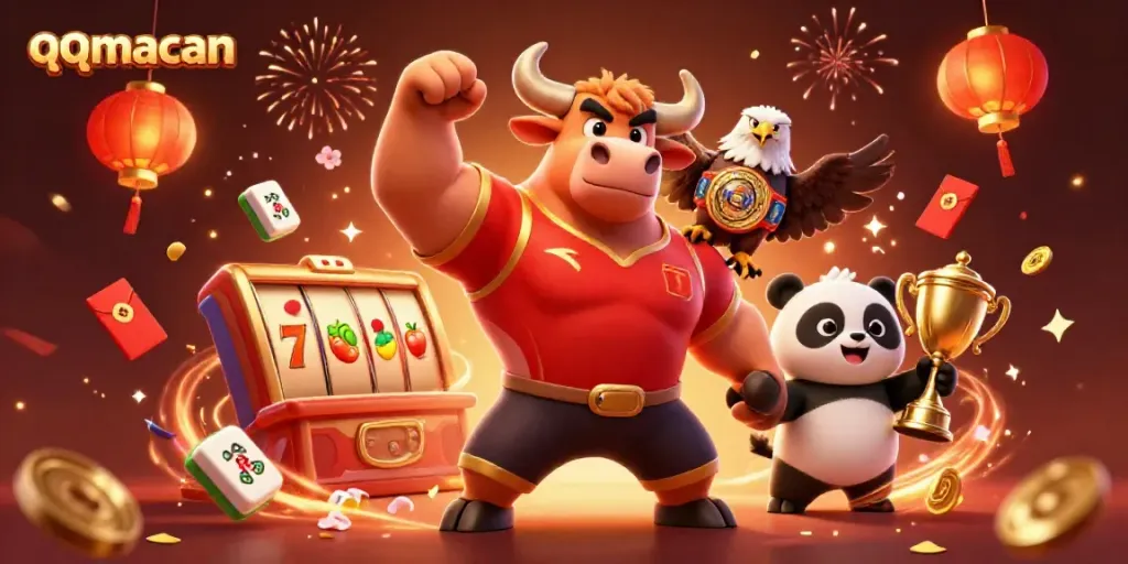 Win big with qqmacan in this vibrant casino illustration featuring a victorious bull and friends.