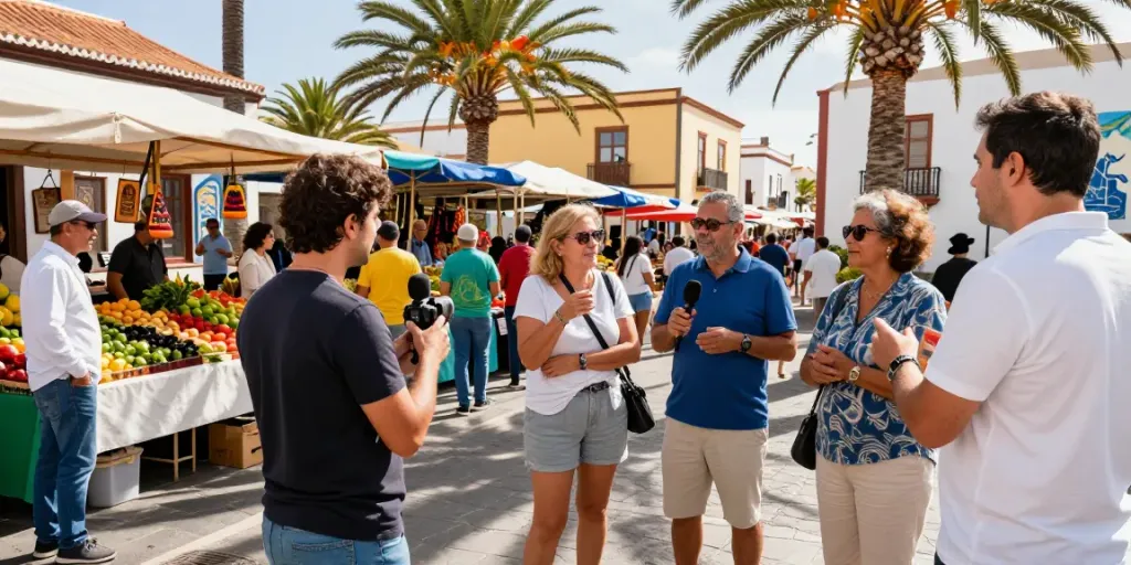 Engaging scene capturing Canarian news coverage with locals discussing in vibrant market