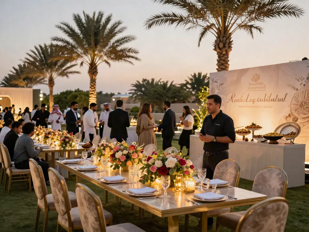 Event rental ksa setup showcasing elegant wedding reception under glowing lights with beautiful decorations.