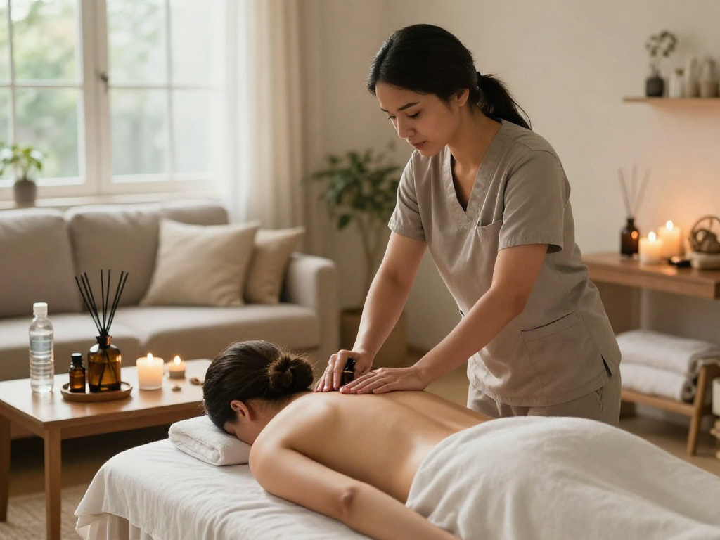 A relaxing 잠실출장마사지 experience in a cozy home environment with a therapist providing soothing care.
