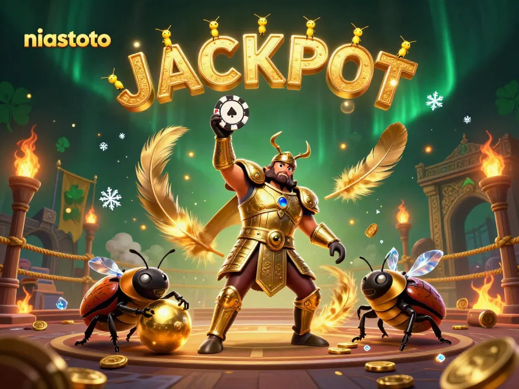 Experience the thrill of niastoto with a victorious beetle holding a poker chip, surrounded by excitement.