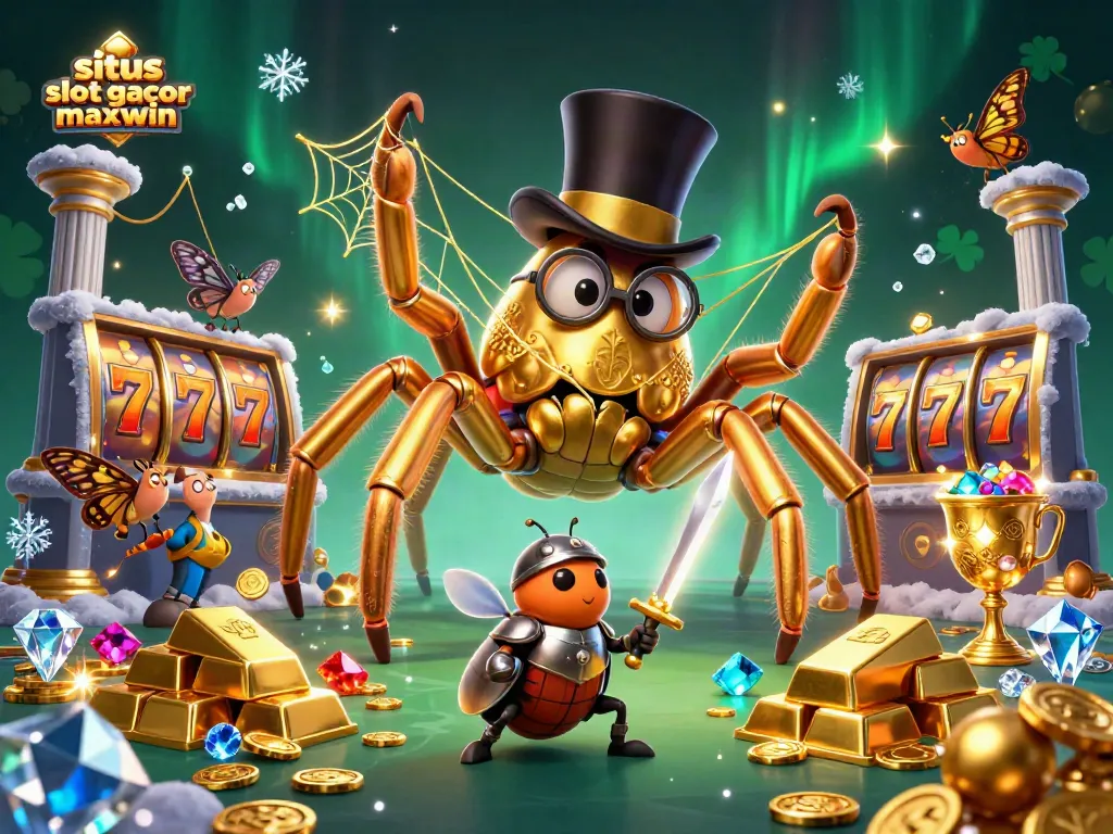 Engage with situs slot gacor maxwin through a thrilling scene of a golden tarantula and beetle knight in a vibrant casino.