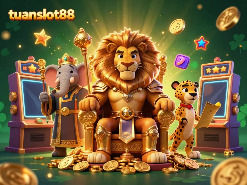 Visualisasi dari tuanslot88 dengan singa raja, gajah penasihat, dan cheetah kurir dalam suasana kasino ceria.