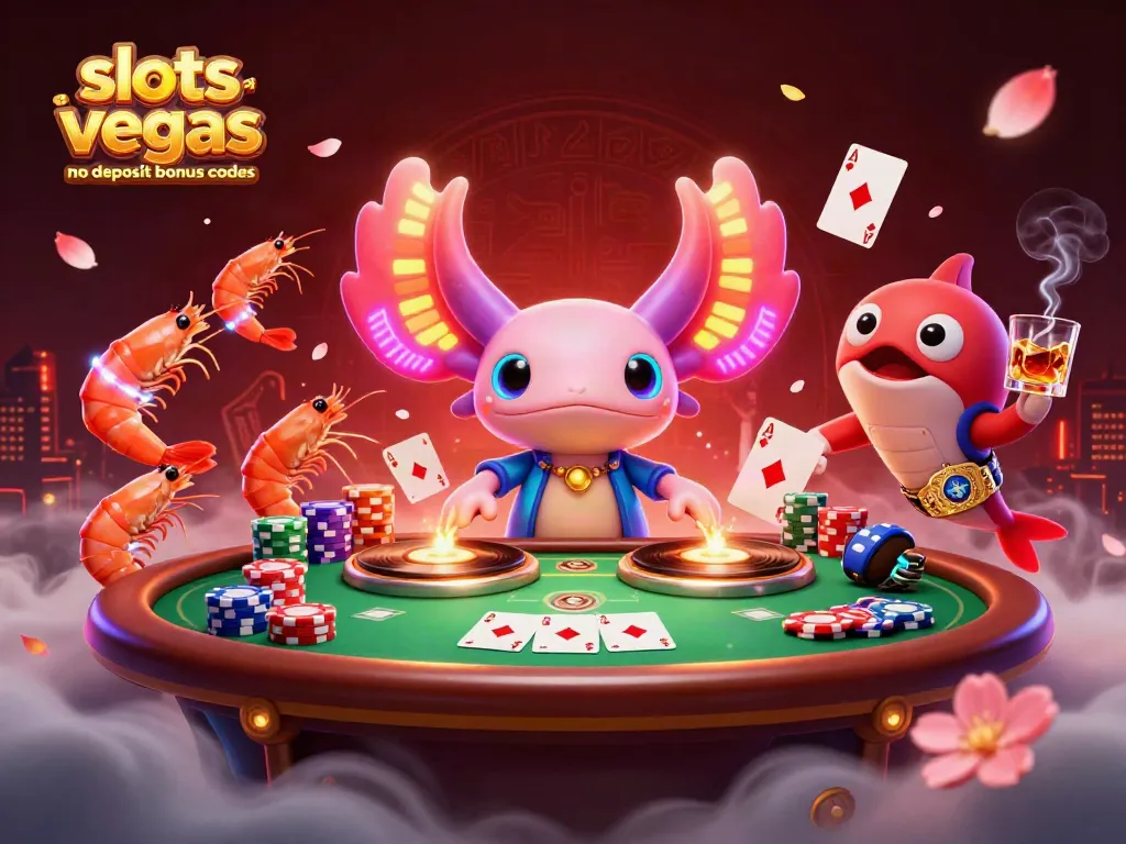 Engage with slots of vegas no deposit bonus codes in a vibrant casino scene featuring a neon DJ, shrimp dancers, and glowing elements.