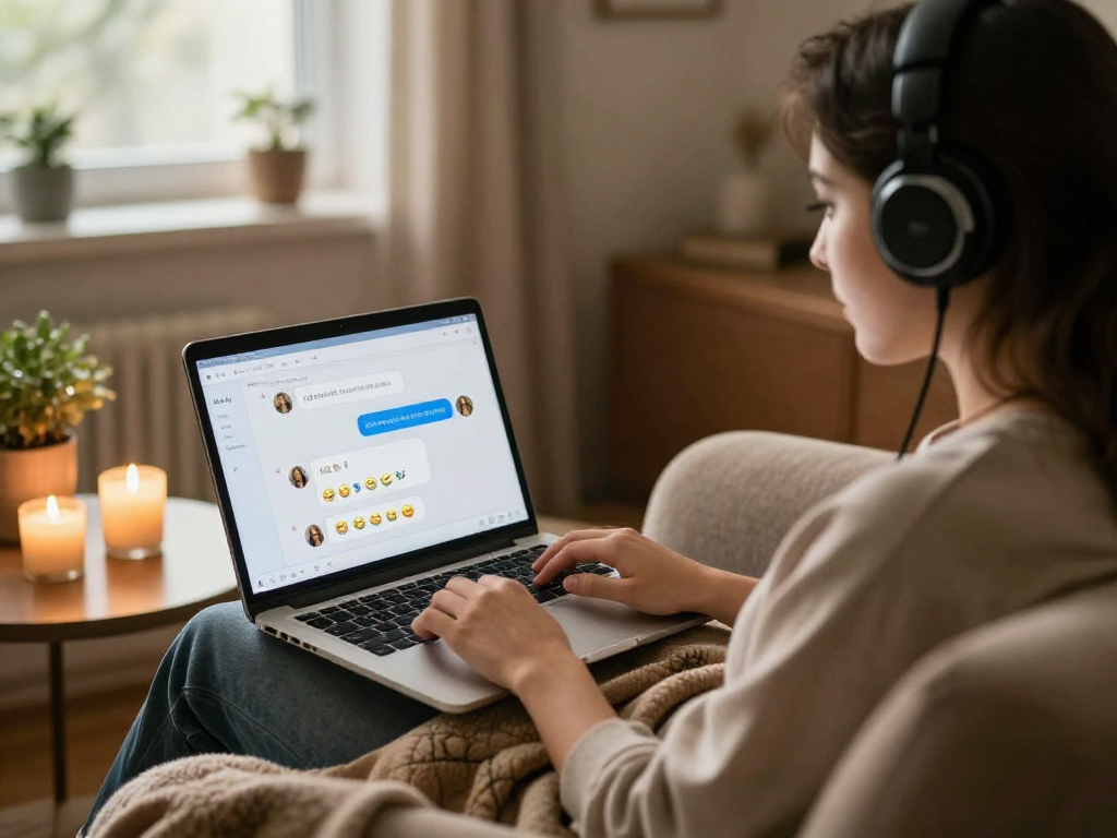 Engaged user in a cozy setting enjoying nsfw chat on a laptop, headphones on, relaxed atmosphere.