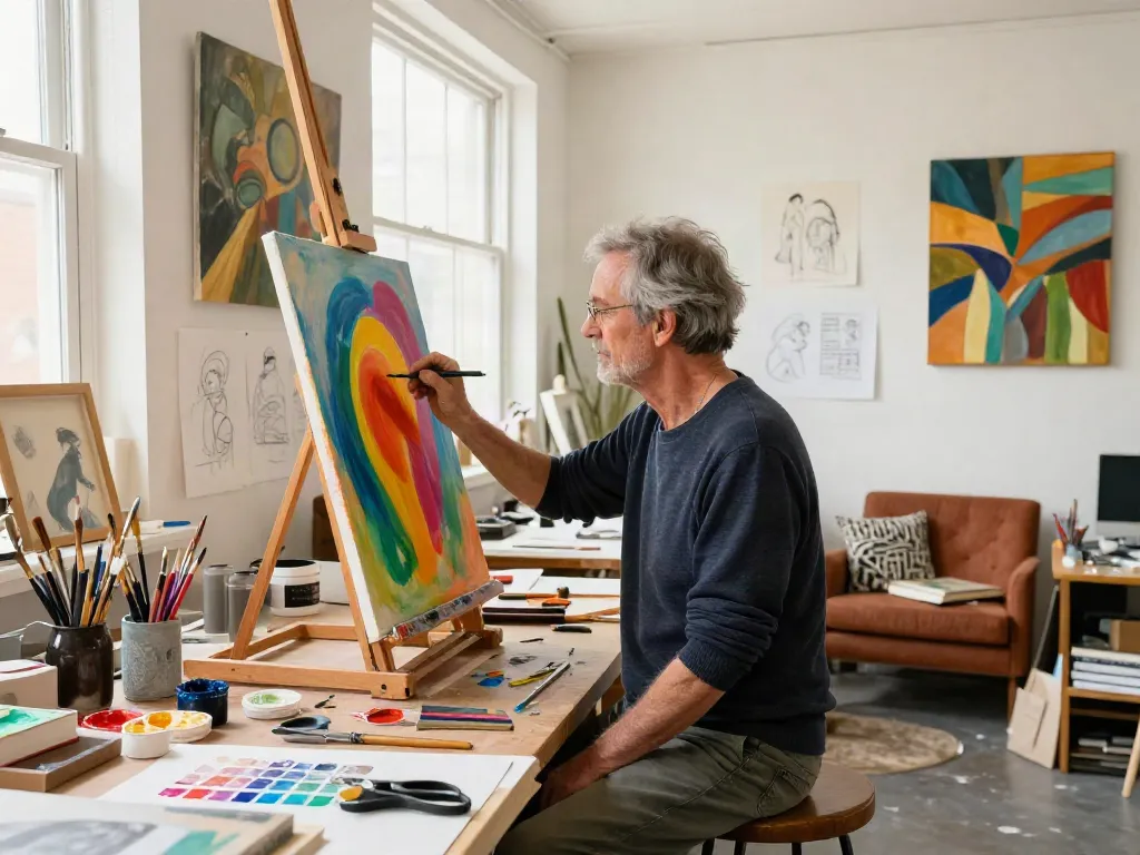 Bruce Bailey Toronto painting in a bright art studio with various art supplies.