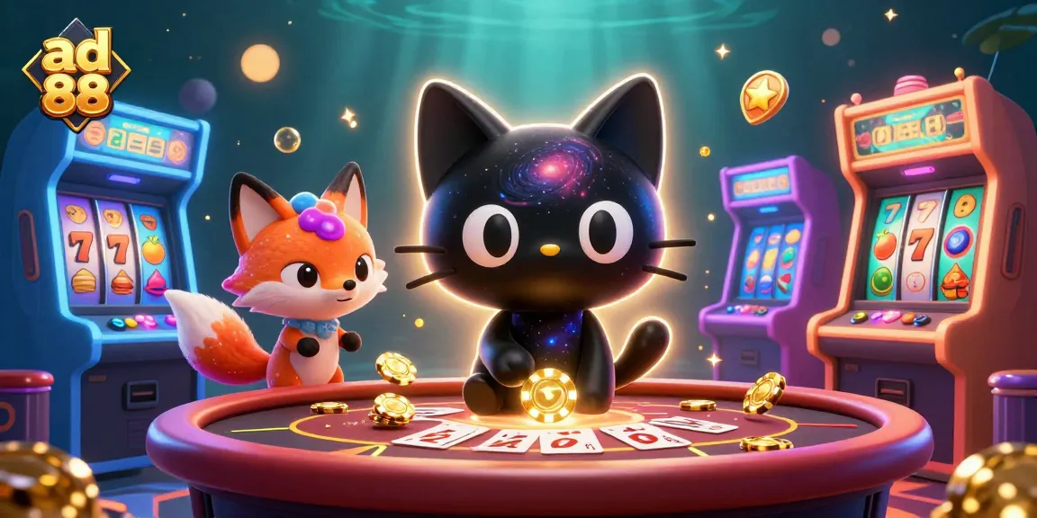 Experience gaming excitement with ad 88's vibrant cosmic casino scene featuring a black hole cat and slot reels.