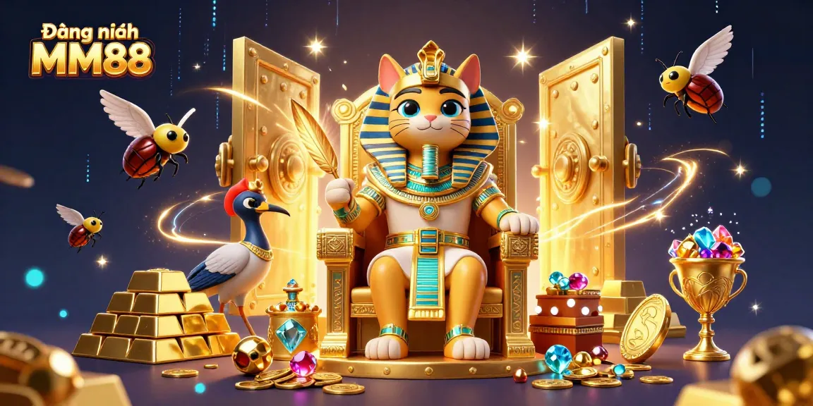 Experience Đăng nhập MM88 with a vibrant 3D casino-themed illustration featuring treasures and an Egyptian pharaoh cat.