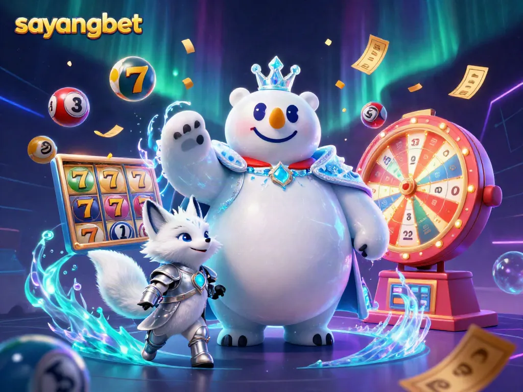 Experience the excitement of sayangbet with a vibrant 3D casino scene showcasing slots, lottery balls, and a money rain effect.