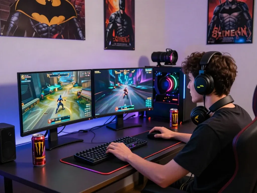 Player immersed in Batman138 game with dual monitors and gaming setup.