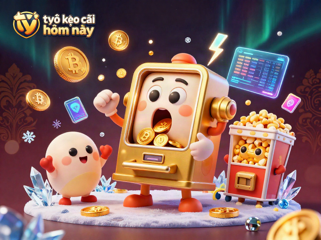 Engage with tỷ lệ kèo nhà cái hôm nay as animated slot machines celebrate a jackpot amidst glowing crypto elements.
