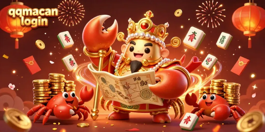 Experience thrilling gameplay at qqmacan login with a vibrant illustration of a golden crab emperor surrounded by festive gaming elements.