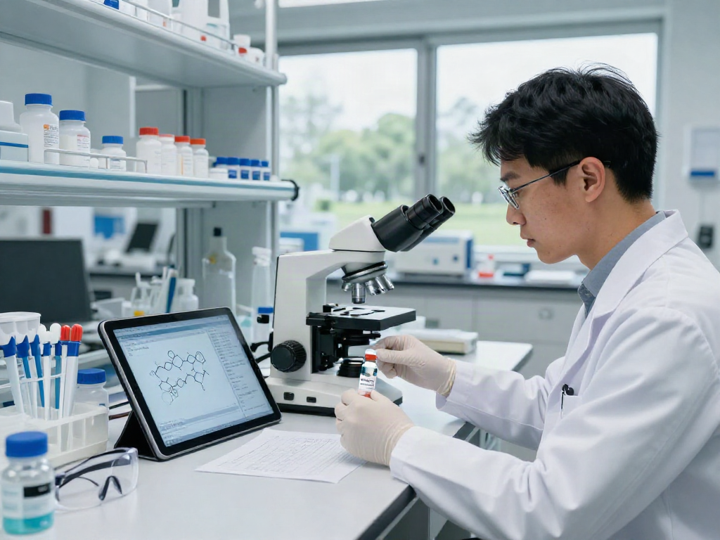 Researcher examining selank/semax blend in a modern lab with vials, microscope, and data displays.