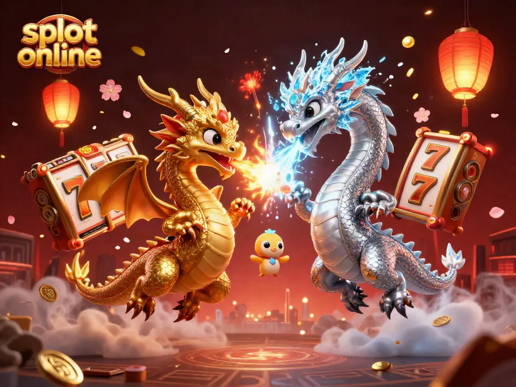 Mainkan slot online dengan mengesankan, dikelilingi oleh naga 3D, simbol keberuntungan, dan elemen kasino lainnya.
