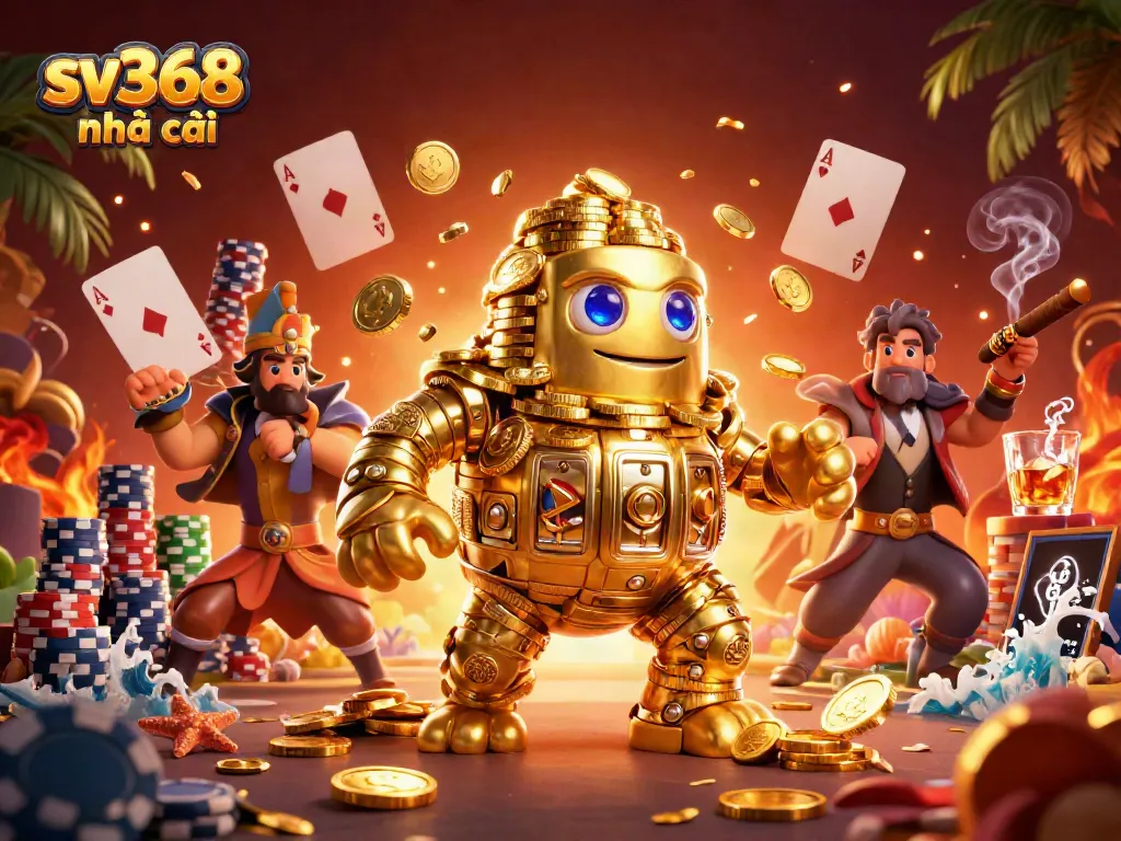 Win big at sv368 nhà cái with this vibrant scene showcasing poker elements and magical coin sprites.