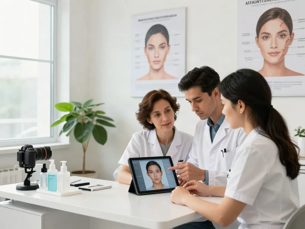 Trained aesthetics specialists discussing Alternatives to QOVES in a modern beauty clinic.