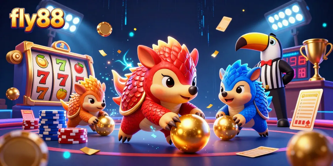 Engage in thrilling gameplay with fly88 as rival pangolins compete in a vibrant, fun-filled casino scene.