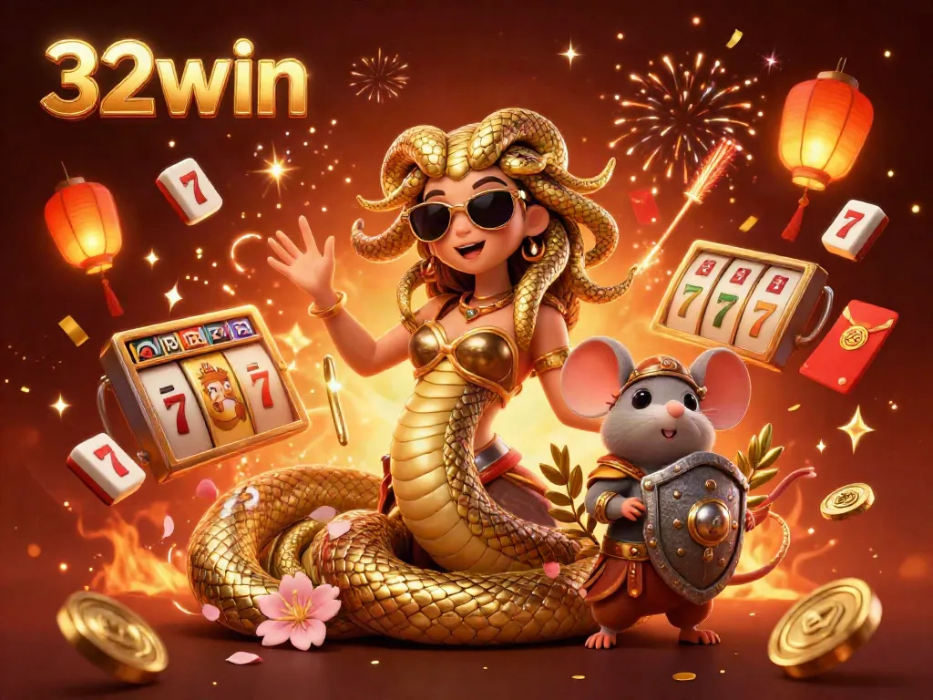 Experience the excitement of 32win with a vibrant illustration showcasing a friendly Medusa and various casino elements.