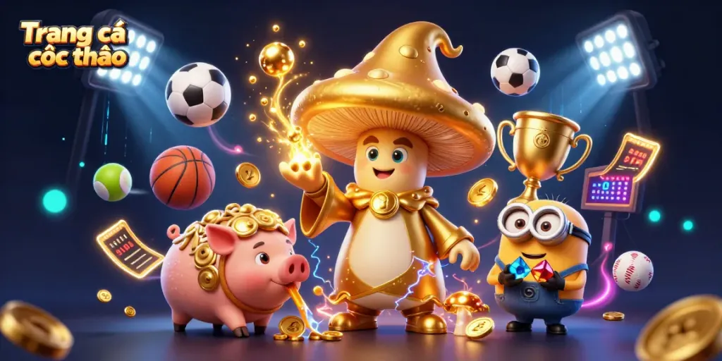Engage in Trang cá cược thể thao with an exciting 3D scene of a golden wizard and sports elements.