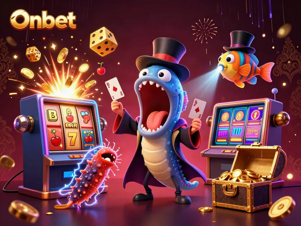 Experience the magic of Onbet with a vibrant casino-themed underwater scene featuring a deep-sea gulper eel magician.