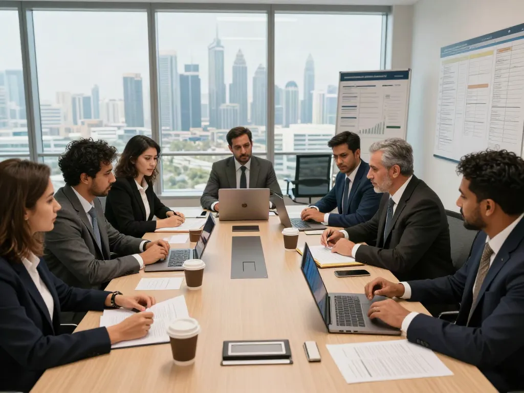 Court Filing Services Dubai - Team of legal experts reviewing documents in modern office