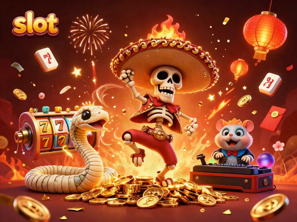 Celebrate big wins at the slot with vibrant 3D characters and casino elements in a festive atmosphere.