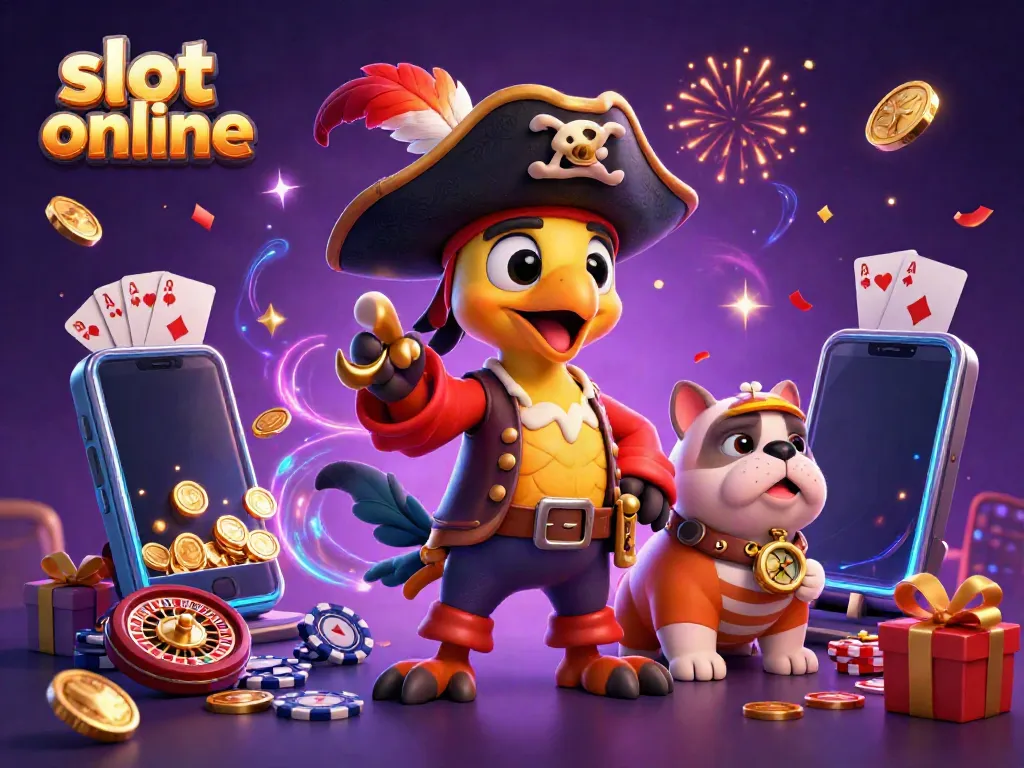 Experience exciting slot online gaming with a pirate captain parrot and treasure-themed graphics.