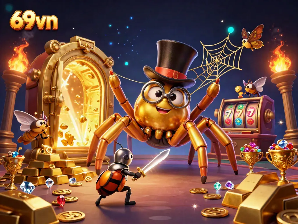 Engage in thrilling gameplay at 69vn with a dynamic scene featuring slots, golden treasures, and adventurous characters.