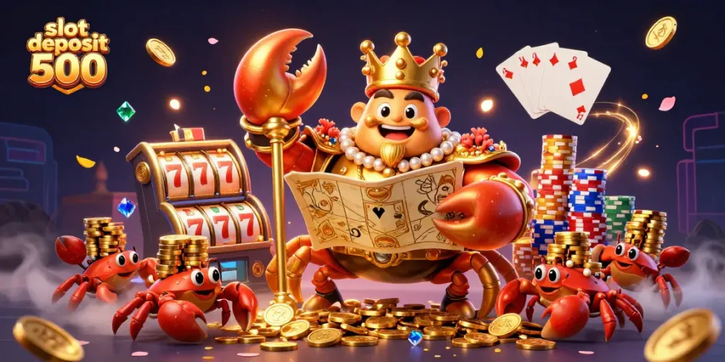 Engage with the exciting world of slot deposit 500 through a vibrant 3D casino fantasy illustration packed with action.
