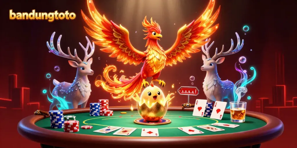 Experience the thrill of bandungtoto with a visually captivating 3D illustration of a phoenix and poker elements.
