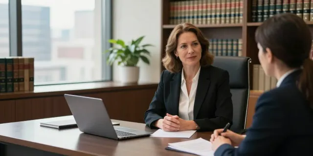 Karen McCleave attorney consulting with a client in a modern law office.
