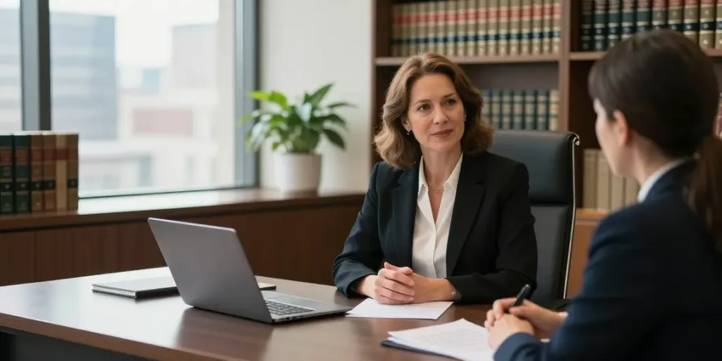 Karen McCleave attorney consulting with a client in a modern law office.