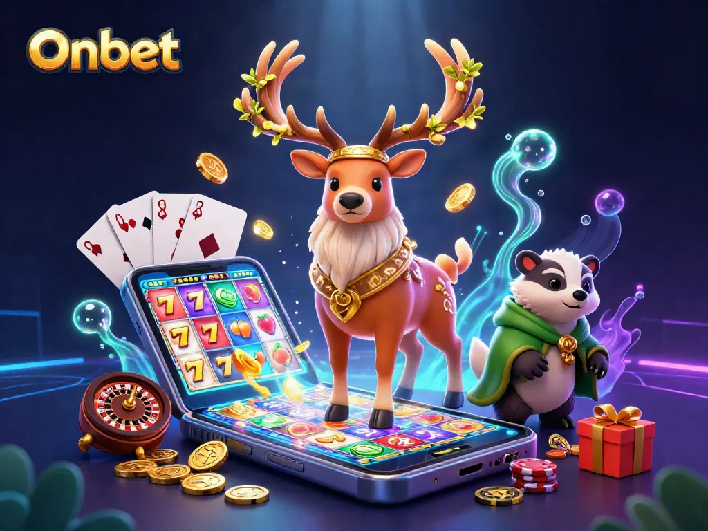 Spin the reels with Onbet's 3D magical gaming characters in a vibrant casino atmosphere.