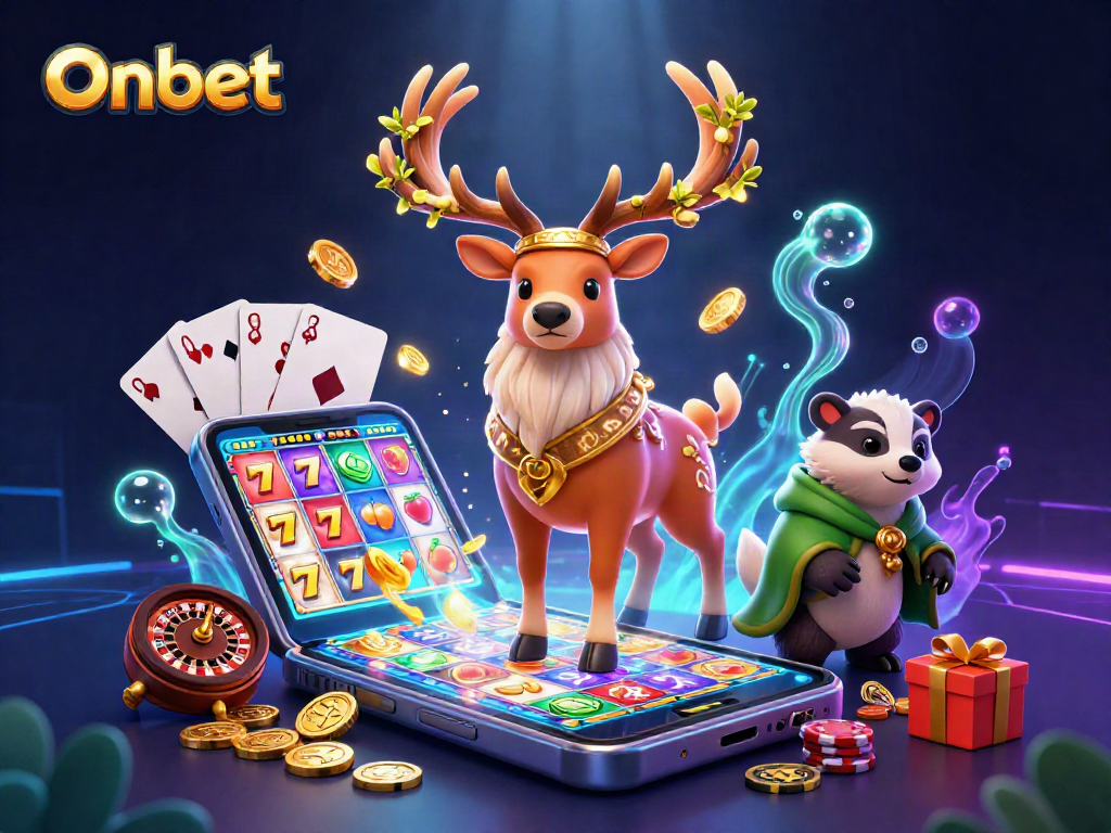 Spin the reels with Onbet's 3D magical gaming characters in a vibrant casino atmosphere.