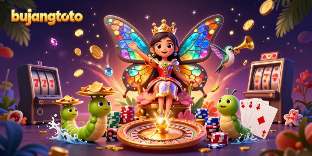 Bujangtoto's vibrant gambling scene features a butterfly queen, golden chips, and cascading coins.
