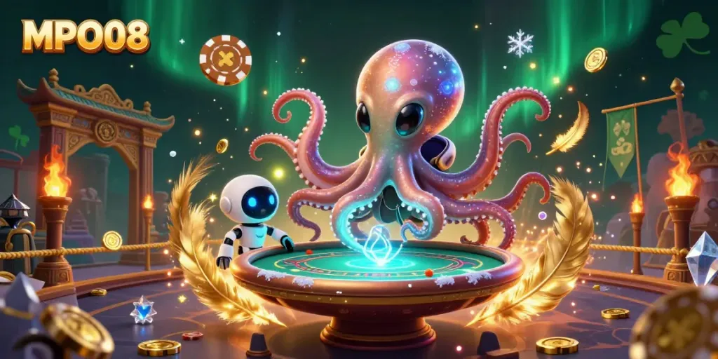 MPO08 showcases a vibrant alien octopus at a holographic poker table, embodying an exciting casino atmosphere.