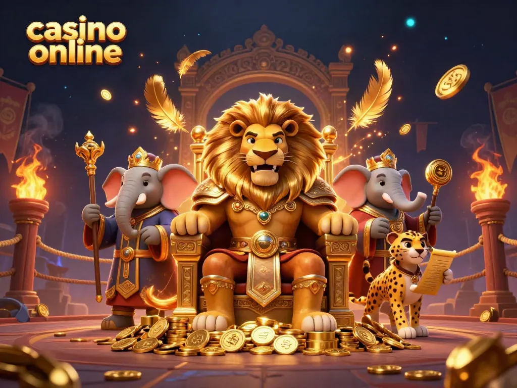 Engage with the dynamic casino online scene featuring a lion king, an elephant advisor, and a cheetah messenger amidst rich game symbols.