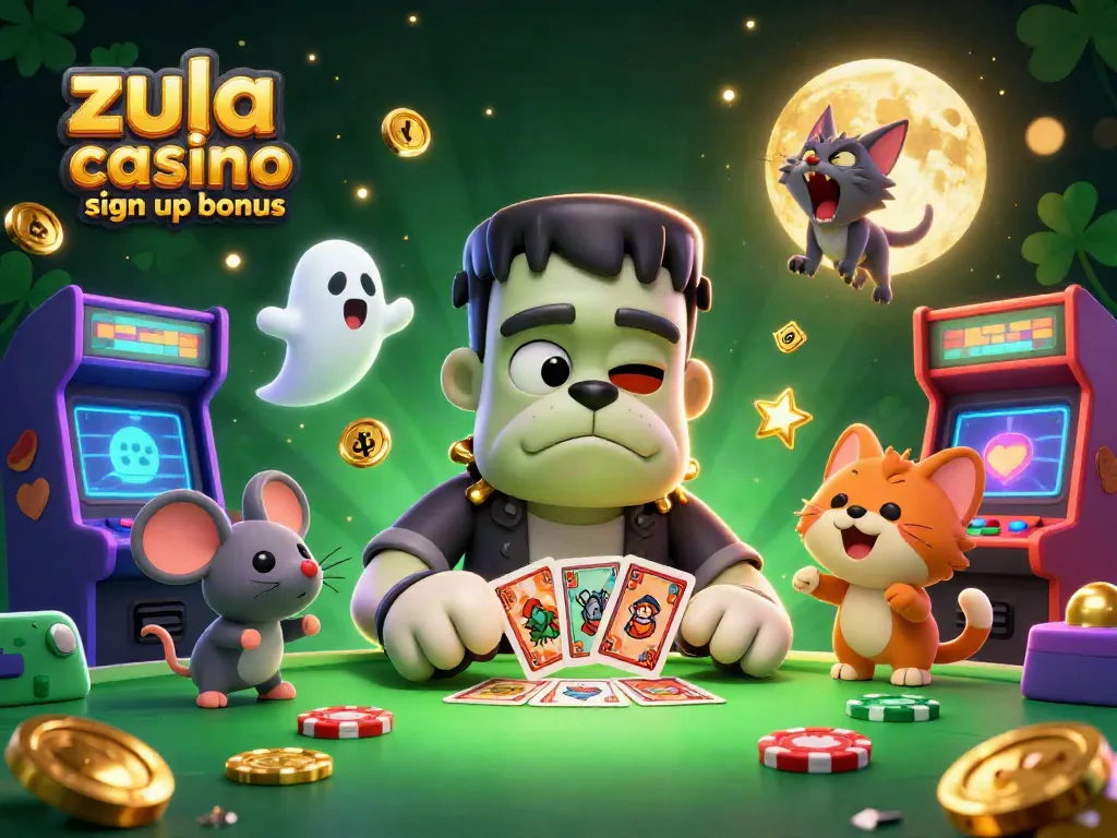 Engage with the Zula Casino sign up bonus featuring dynamic gaming characters in an exciting casino-themed scene.