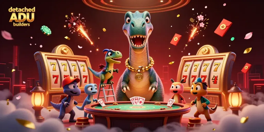 Experience thrilling gameplay with detached ADU builders surrounded by vibrant casino action.