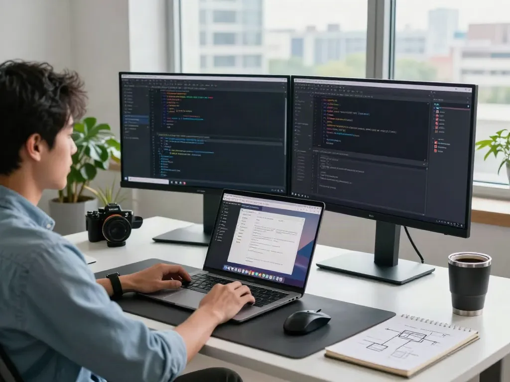 Developer working in modern workspace highlighting v2rayN官网 software tools and coding environment.