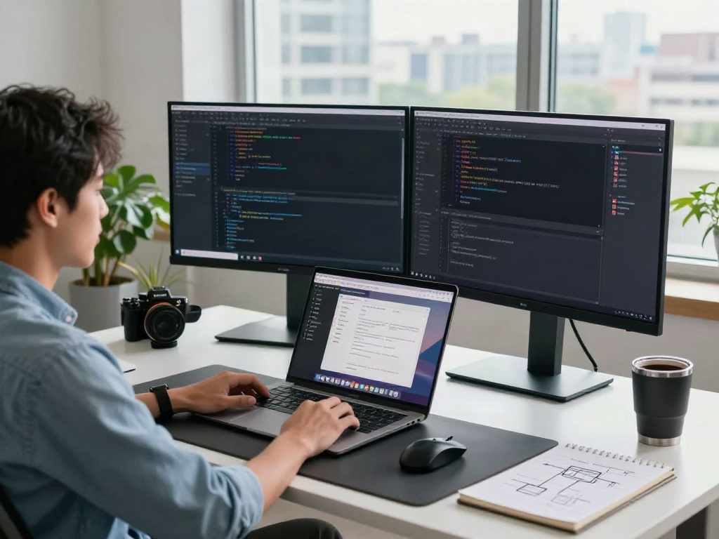 Developer working in modern workspace highlighting v2rayN官网 software tools and coding environment.