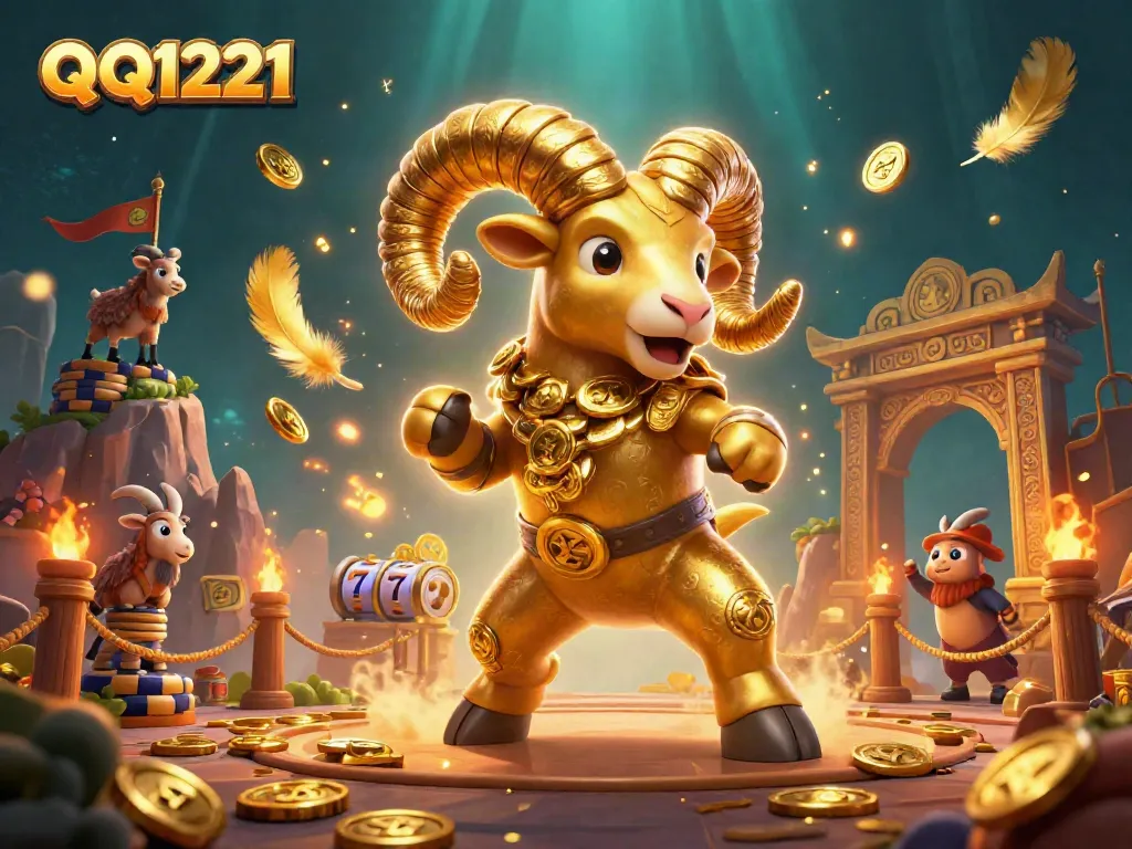 Spin the reels of QQ1221 with a golden ram amidst a vibrant casino scene filled with riches.