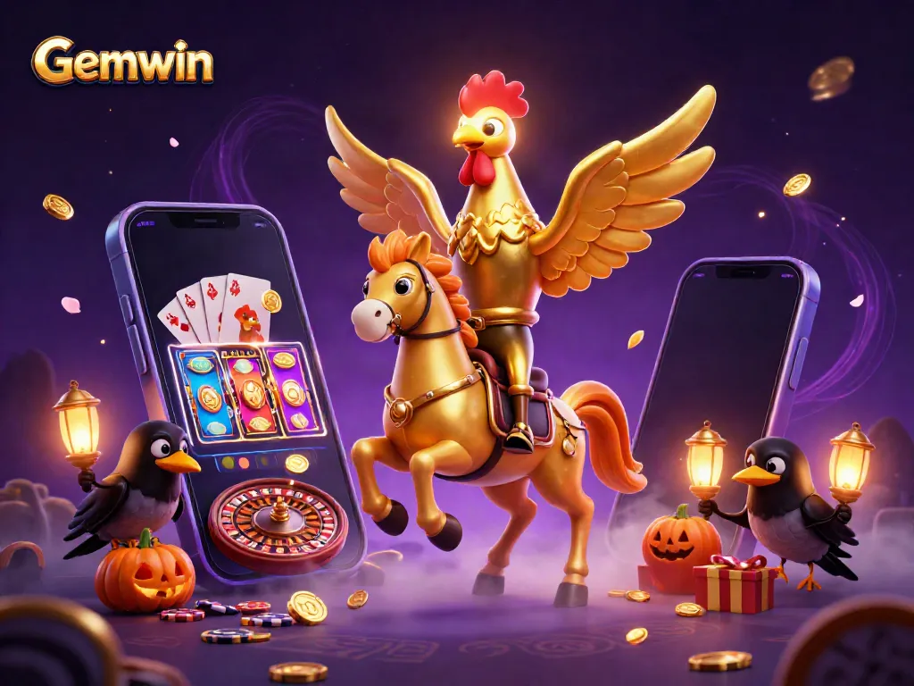 Engage with Gemwin's vibrant gaming world featuring a golden rooster in a mystical casino.