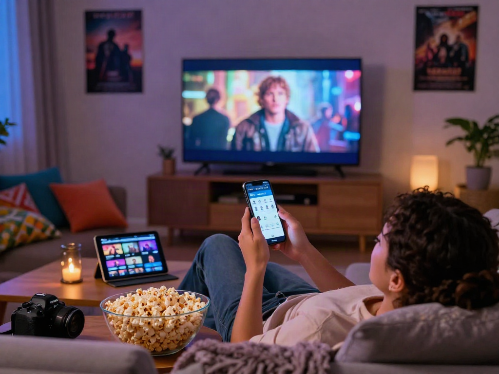 Enjoying the Moviebox app on a cozy sofa with popcorn and cinematic backdrop.