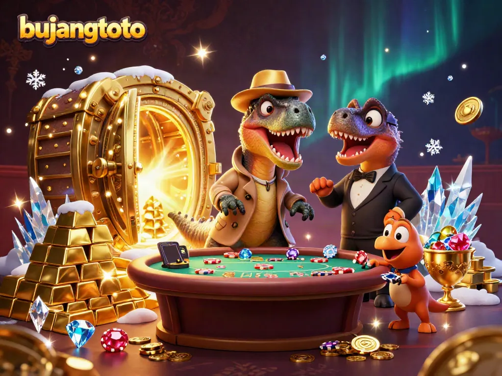 Experience exciting bujangtoto gameplay with a velociraptor, stegosaurus, and compy at a casino table