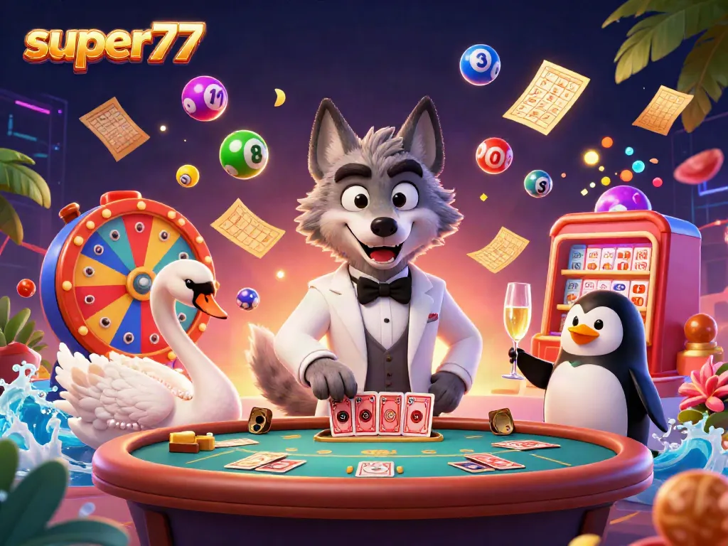Experience the thrill of super77 with a dynamic casino scene featuring a debonair wolf, elegant swan, and sophisticated penguin.