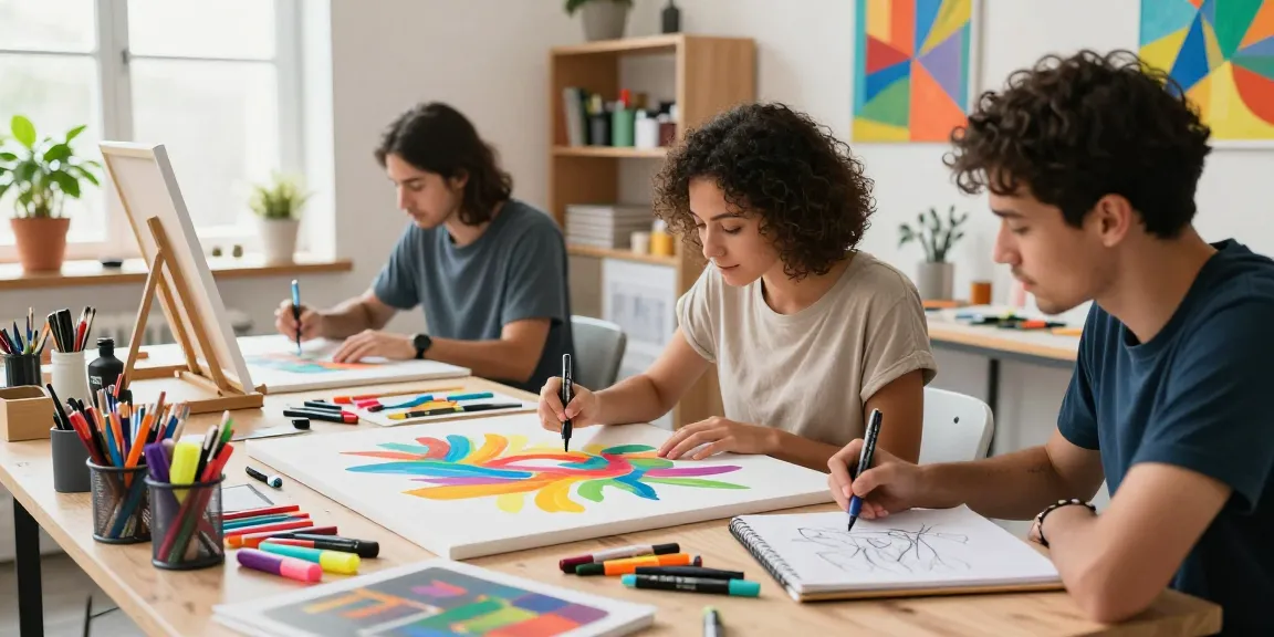 Marker pen supplier showcases a collaborative art studio scene with diverse artists creating vibrant projects.