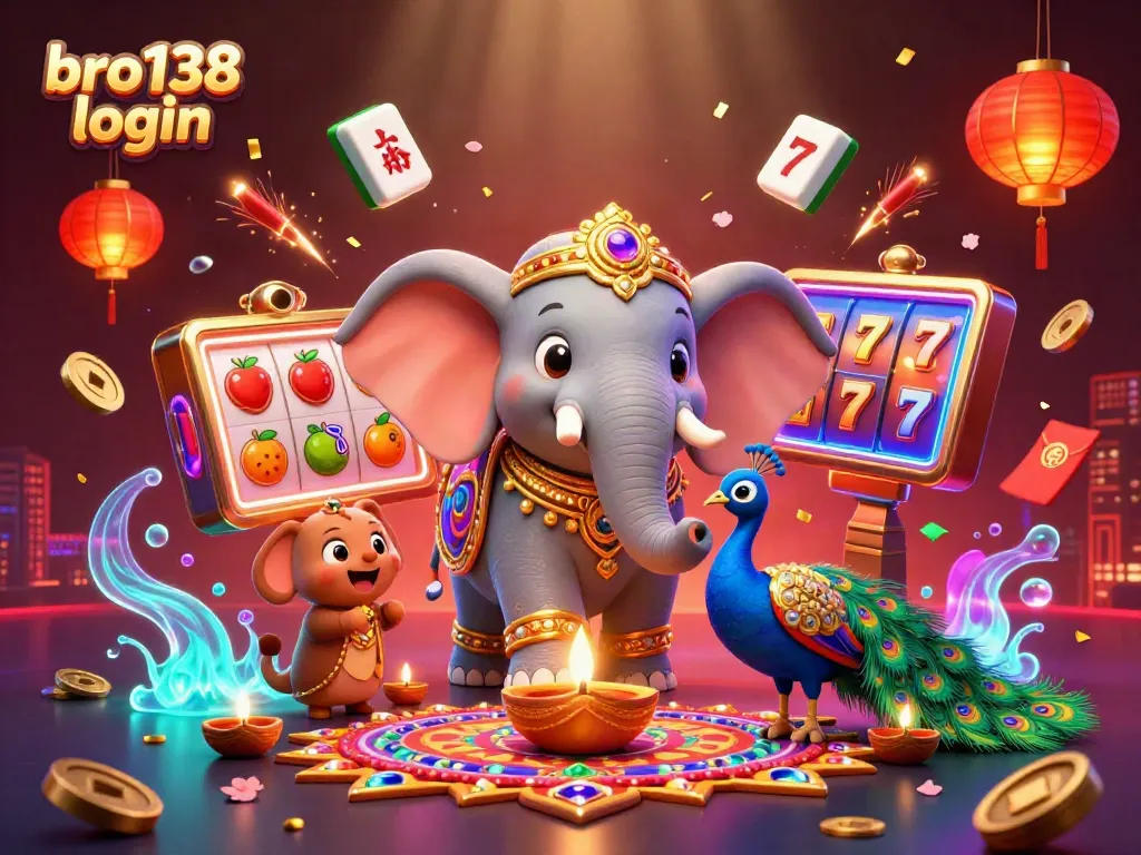 Experience bro138 login with vibrant 3D elephant and casino elements in a colorful scene.