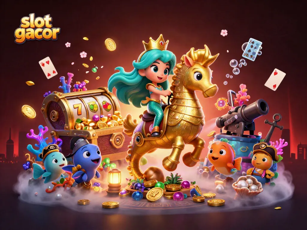 Engage with slot gacor features in vibrant 3D casino scene alongside magical underwater elements.