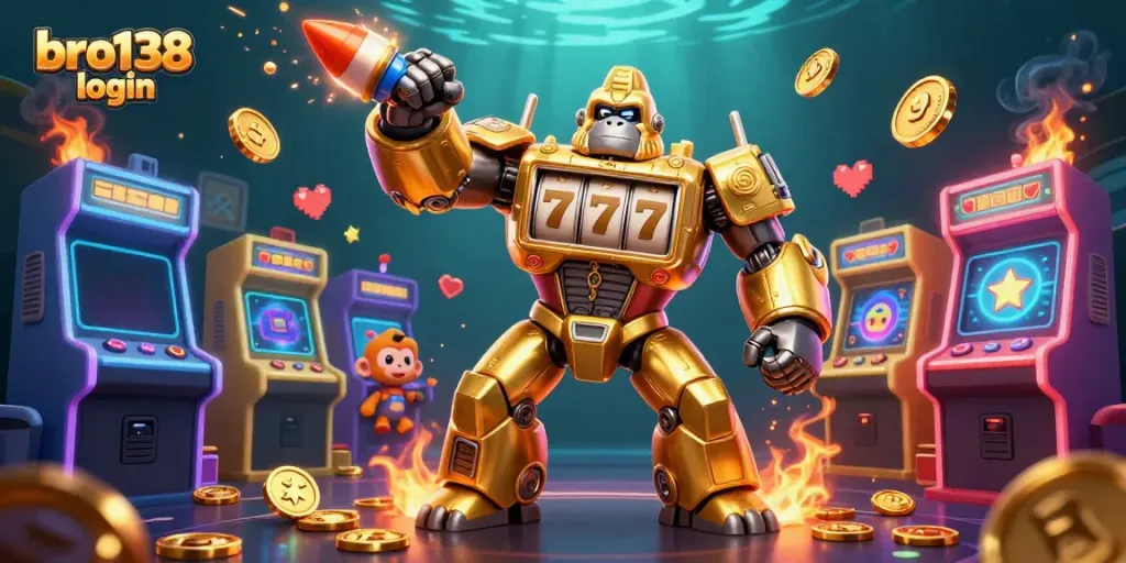 Experience the excitement with bro138 login, featuring a golden gorilla mech and dynamic casino elements.